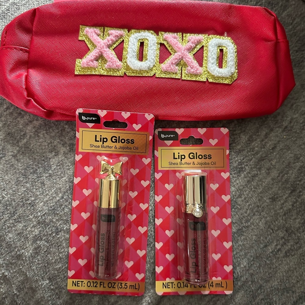 XOXO Red Makeup Bag and Lip Gloss Bundle Clover Varsity Letter